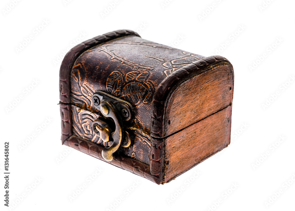 Old wood chest jewelry box closed isolated on white background. Old wood chest jewelry box closed isolated on white background.
