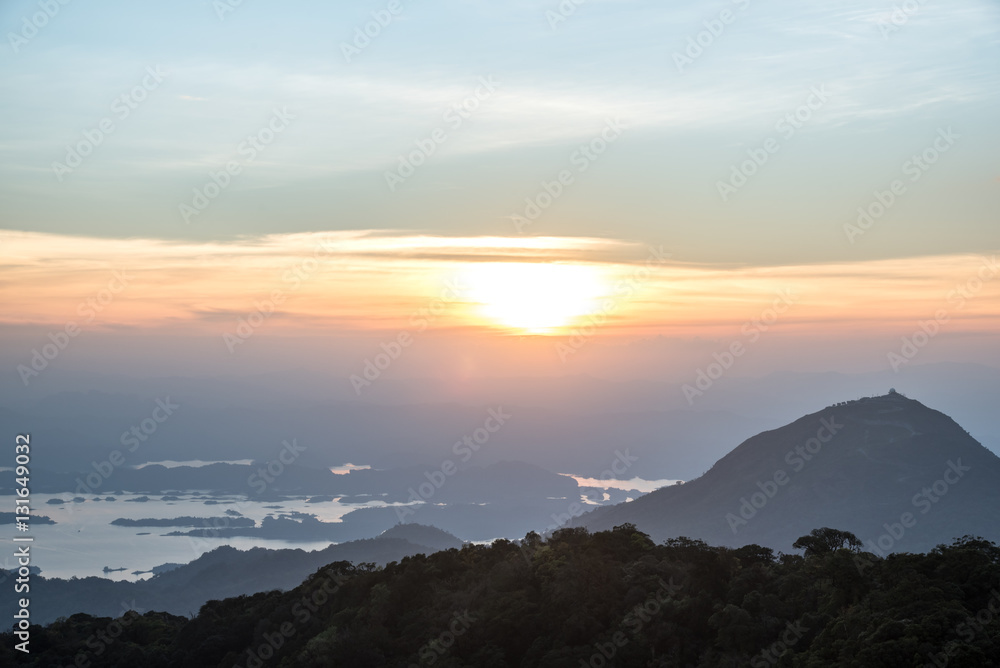 Obraz premium Mountain valley during sunrise. Natural summer landscape.