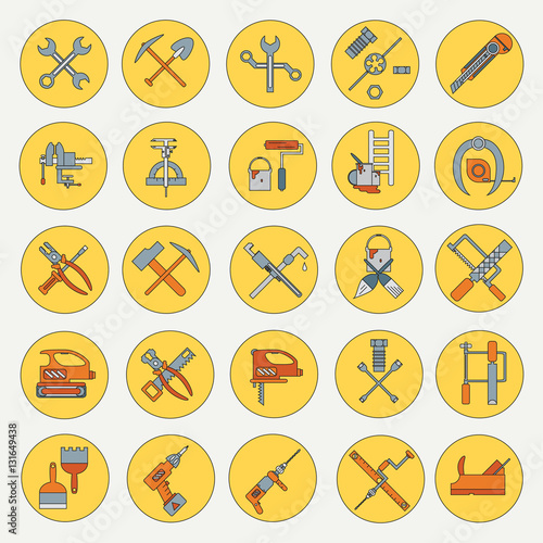 Line working color tools for construction, building and home repair icons set. Vector illustration. Equipment. Elements for design. Industrial style. Hand work tools collection.