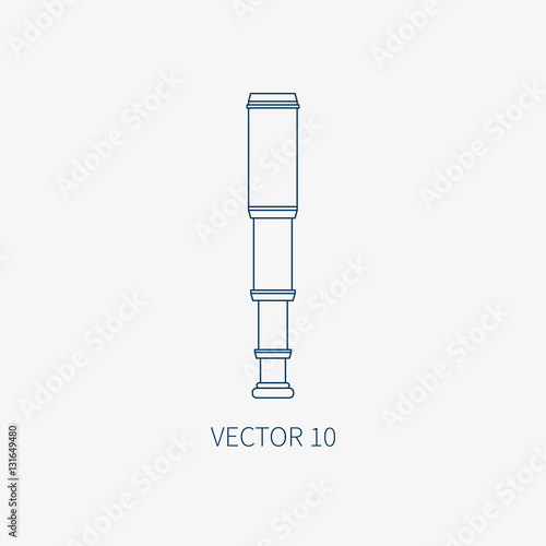 Line flat vector blue marine icon with nautical design elements - retro spyglass. Cartoon style. Illustration and element for your design. Sea adventures. Ocean. Naval. Navigation. Maritime. Vintage.