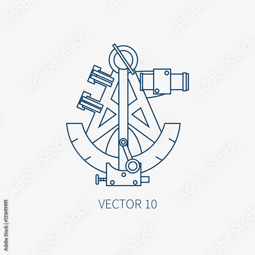 Line flat vector blue marine icon with nautical design elements - retro sextant. Cartoon style. Illustration and element for your design. Sea adventures. Ocean. Naval. Navigation. Maritime. Vintage.