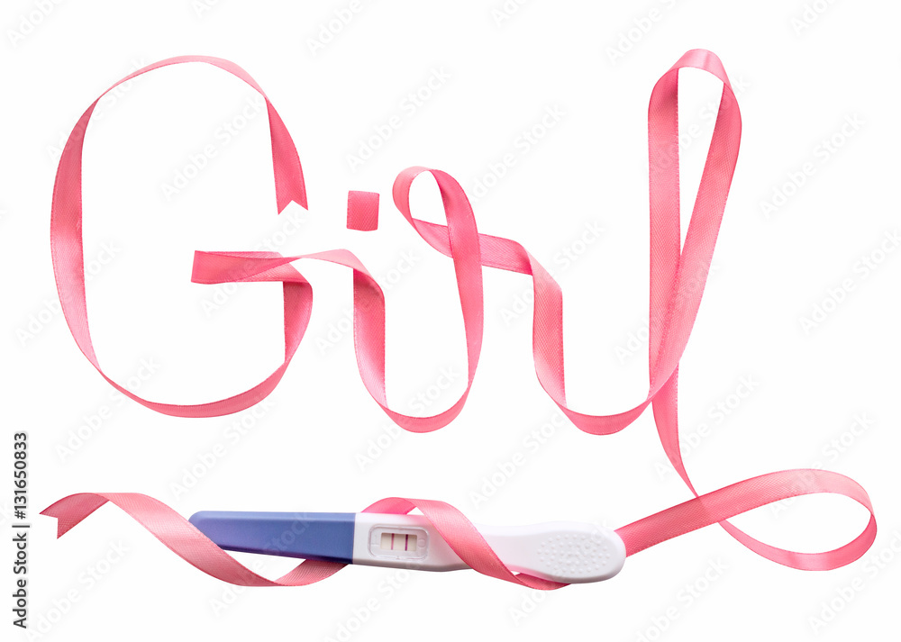 Word girl written gift ribbon pink. A positive pregnancy test. White background, isolated Word girl written gift ribbon pink. A positive pregnancy test. White background, isolated