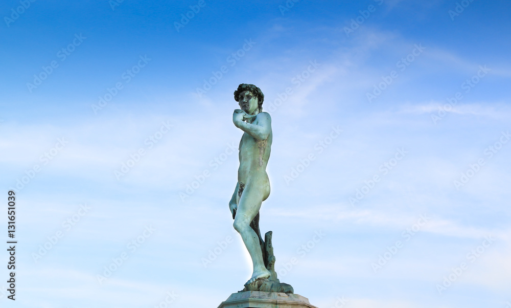 Sculpture of David isolated on blue sky at Piazza Michelangelo, Florence, Tuscany, Italy