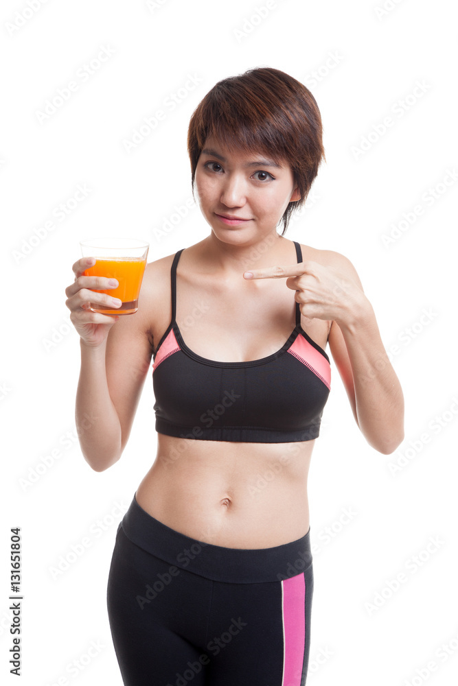 Beautiful Asian healthy girl point to orange juice. Beautiful Asian healthy girl point to orange juice.
