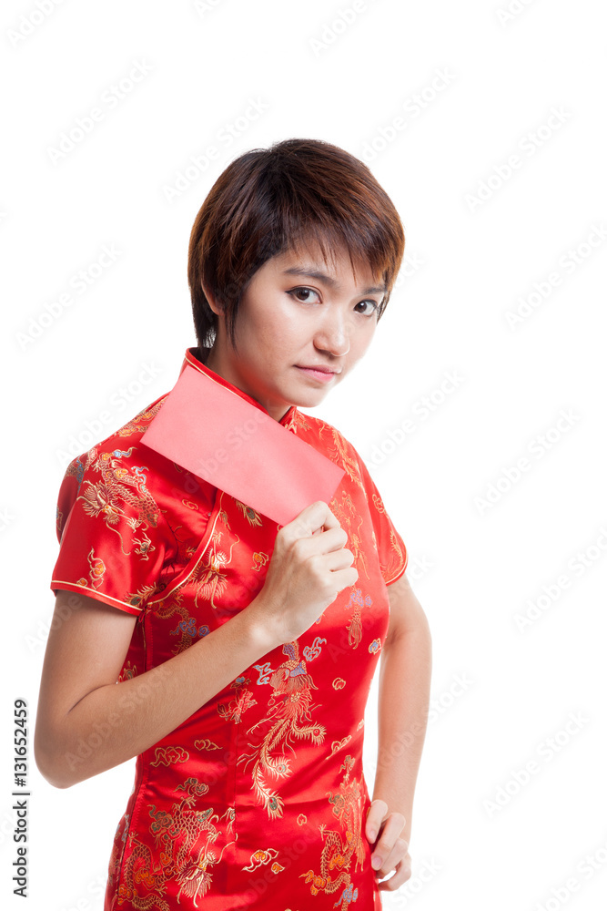 Asian girl in chinese cheongsam dress with red envelope. Asian girl in chinese cheongsam dress with red envelope.