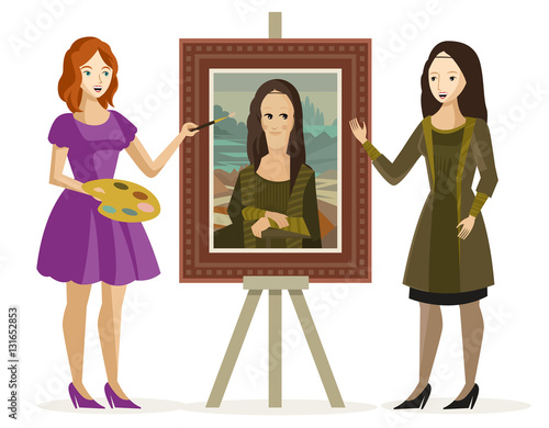 girl artist painting a portrait with a live model