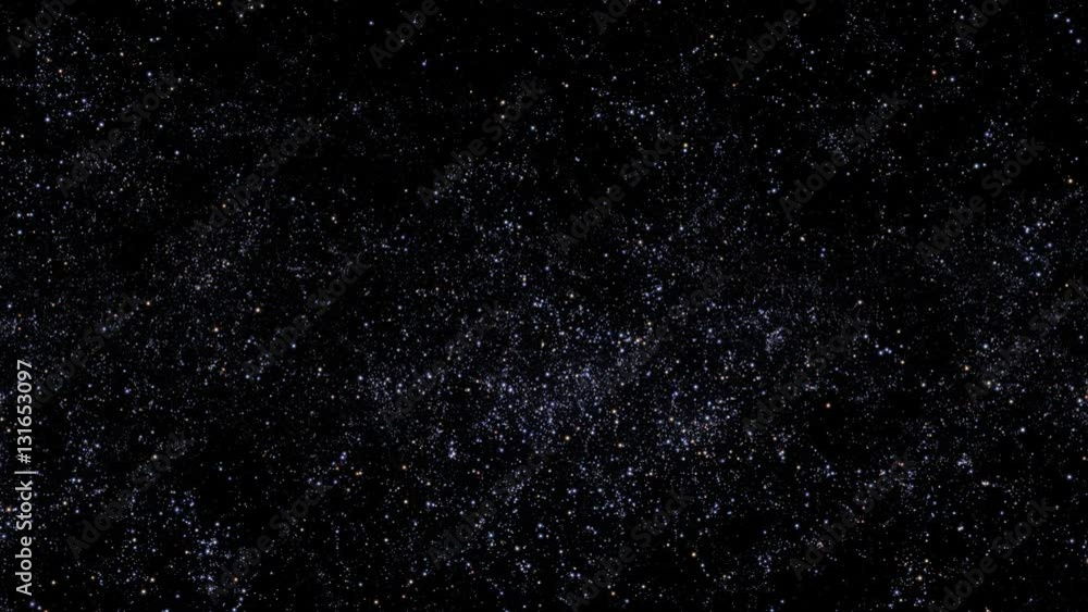 Slow flight through the space full of stars. Dolly in camera movement.