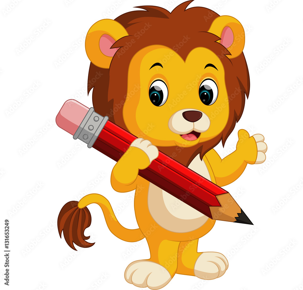 Fototapeta premium Cute lion cartoon holding pencil