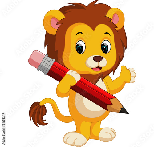 Cute lion cartoon holding pencil

