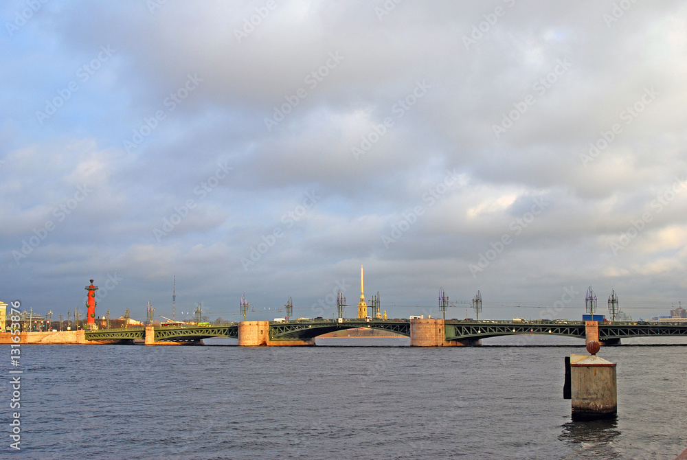 View of Dvortsovy bridge over the Neva river in Saint Petersburg, Russia