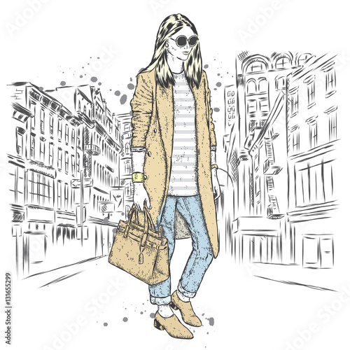 Pretty girl in fashionable clothes. Vector illustration.