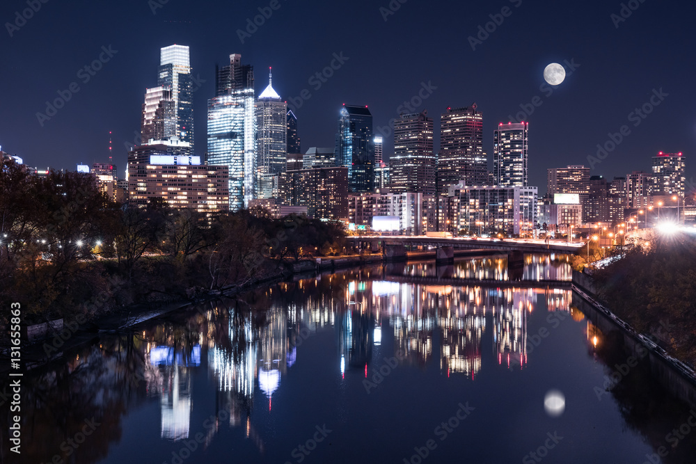 Moon over the Philadelphia Night Skyline