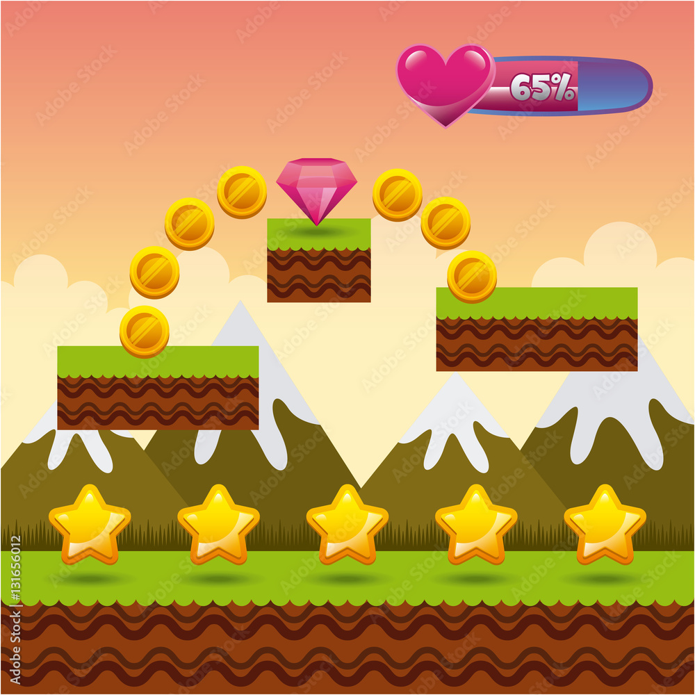 video game interface with stars, gold coins and diamond icon over mountains background. colorful design. vector illustration