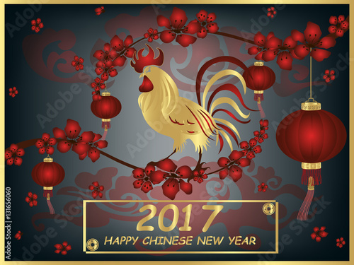 Chinese New Year 2017 greeting card, poster. 2017 - the year of fire rooster according to the Chinese calendar. Flowers. Twigs. Background. Chinese lanterns. Design elements. Vector. Abstract.