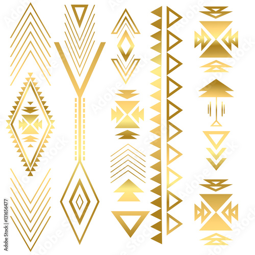 Flash tatto gold geometric ornament. Summer style. Aztec flash tattoo. Tribal gold abstract geometric elements. Vector illustration