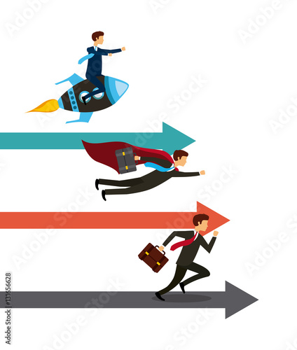 business men running and other business man on space rocket vehicle over white background. competitive business concept. vector illustration