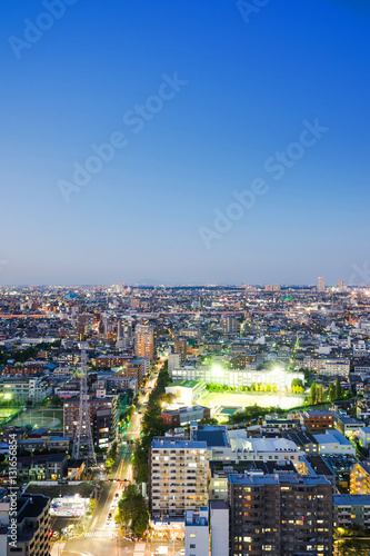 Business and culture concept for real estate and corporate construction - panoramic modern city skyline bird eye aerial night view under dramatic neon glow and beautiful dark blue sky in Tokyo  Japan