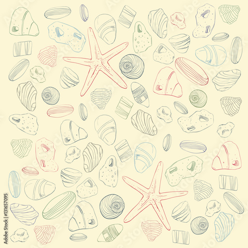 Hand drawn. Sea stones and shell seamless pattern.Can be used like post card, background or banner