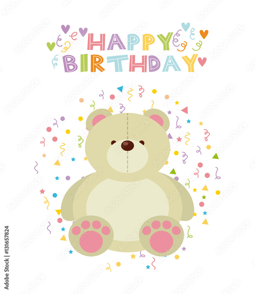 happy birthday card with cute bear icon over white background. colorful design. vector illustration