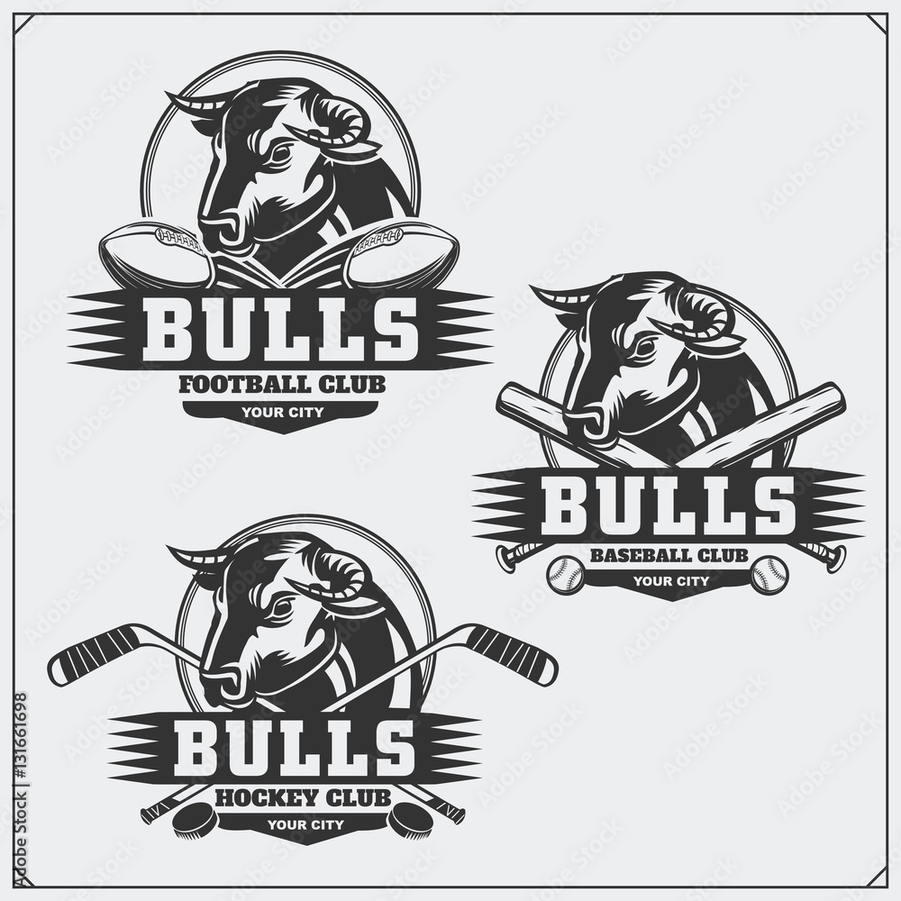 Football, baseball and hockey logos and labels. Sport club emblems with bull.