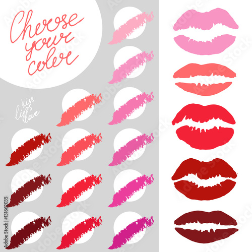 Beautiful lips palette. Vector illustration with lips print in different shapes  colors. Beauty salon makeup design