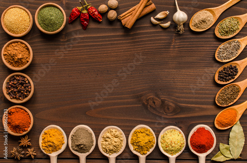 Indian spices and dried herbs background- Top view