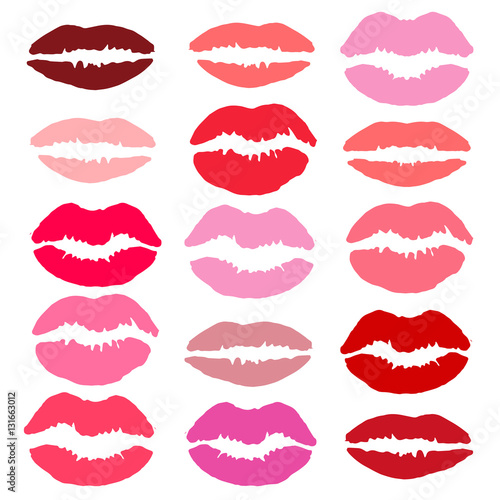 Beautiful lips palette. Vector illustration with lips print in different shapes, colors. Beauty salon makeup color swatch 
