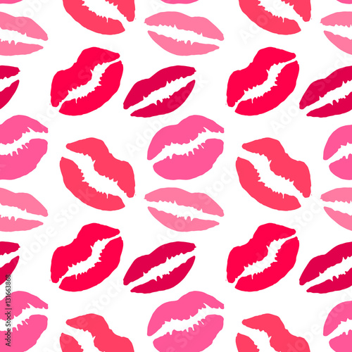 Seamless pattern with lips print. Vector illustration with lips in different shapes, colors. Beauty salon makeup color swatch 