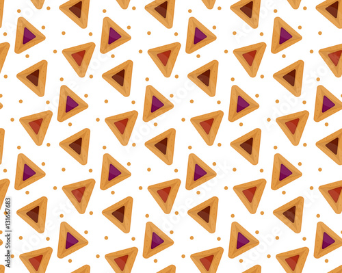 Purim hamantaschen seamless pattern. Jewish traditional dish on the holiday of Purim. endless background, texture, wallpaper. Vector illustration