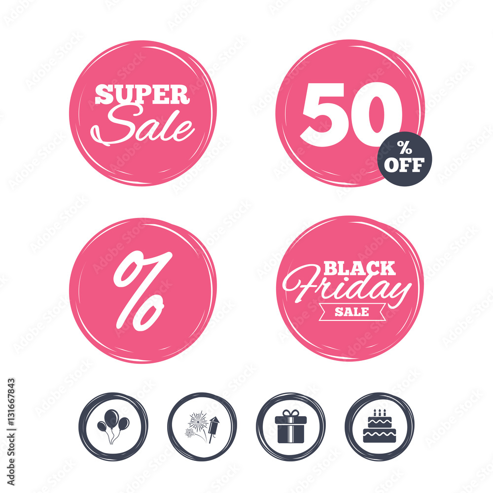 Birthday party icons. Cake and gift box symbol. Birthday party icons. Cake and gift box symbol.
