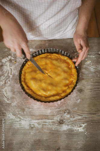 preparation of a homemade apple pie, step-by-step, window light