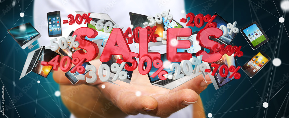 Obraz premium Businessman holding sales icons in his hand 3D rendering