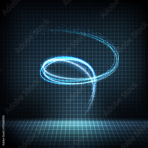 Technology digital background. Glowing neon swirl with distorted lines, bright sparkles. Vector illustration