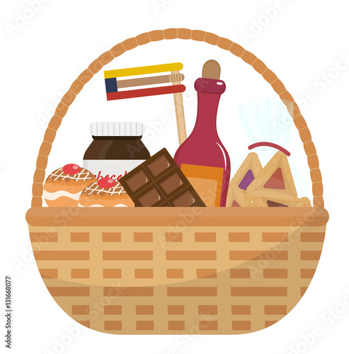 Mishloach manot basket with food treats. Purim holiday gift. Jewish carnival present. Vector illustration