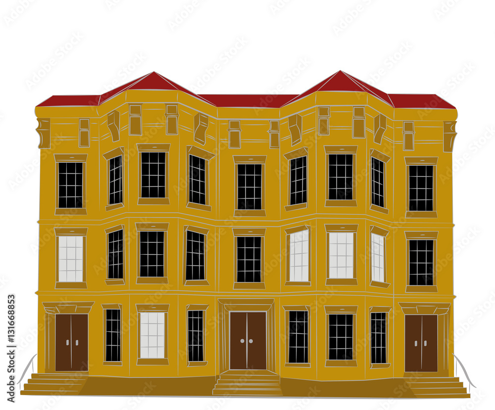 Dwelling house. Classical town architecture. Vector historical building. City infrastructure. Cityscape. Real estate. Urban village landscapes elements. Townhouse facade. 