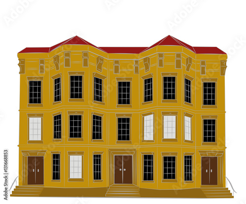 Dwelling house. Classical town architecture. Vector historical building. City infrastructure. Cityscape. Real estate. Urban village landscapes elements. Townhouse facade. 