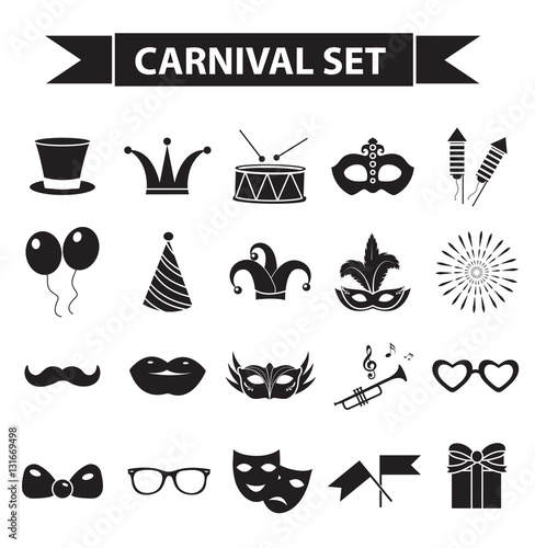 Carnival icon set, black silhouette style. Party, masquerade collection signs, symbols, isolated on white background. Vector illustration clip-art