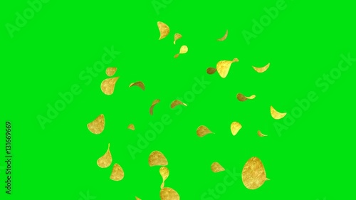  Potato chips falling on green screen