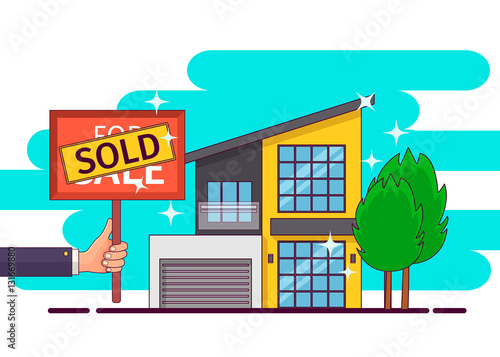 Real estate. Hand holding sold sign. Vector illustration.