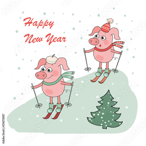 Christmas and Happy New year card with two small cartoon little pigs skie