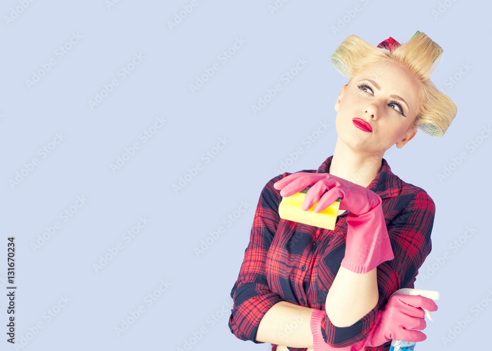 Pin-up housewife woman portrait. Housekeeping, housewife
Pin-up housewife woman portrait. Housekeeping, housewife