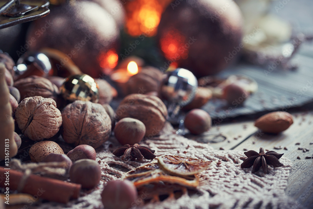 Variety of nuts in Christmas and New Year decoration Variety of nuts in Christmas and New Year decoration
