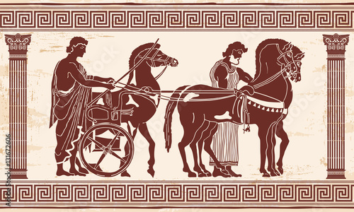 Greek style drawing Pano with national ornament. Warrior in tunic equips horses.