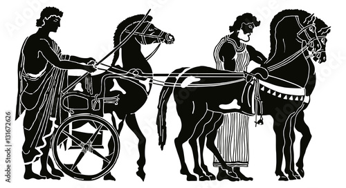 Greek style drawing. Warriors in tunic equips horses. Black pattern isolated on white background.