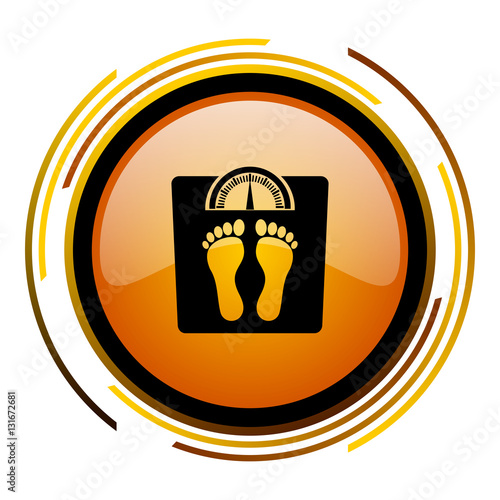 Weight sign vector icon. Modern design round orange button isolated on white square background for web and application designers in eps10.