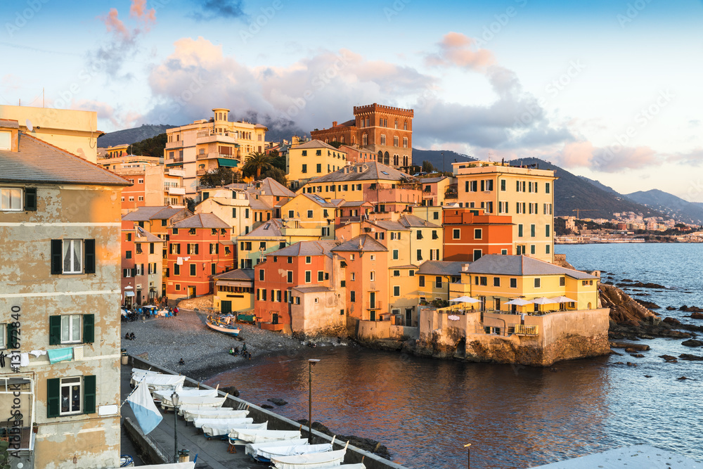 Italy Liguria Genoa Panoramic view of Bocadasse district at sunset, a set of old colorful houses overlooking the sea and what was once a fishing village