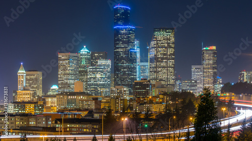 The light of downtown Seattle at night