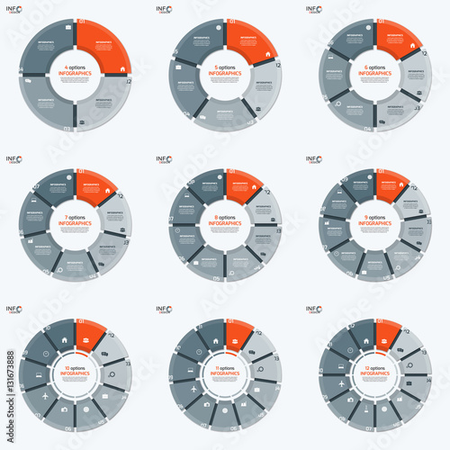 Set of vector circle chart infographic templates with 4-12 options for presentations, advertising, layouts, annual reports.