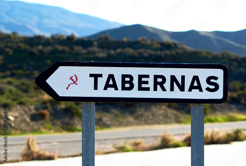 Road sign of Tabernas, is one of semi-deserts in Spain, province