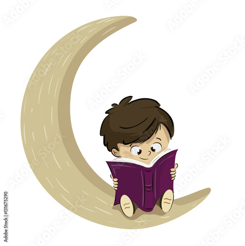 Niño leyendo un libro en la luna